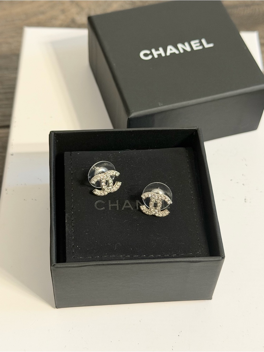 CHANEL Mini Silver CC Crystal Stud Earrings